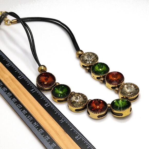Vintage Rivoli Rhinestone Leather Necklace, Large Orange Green Clear Rhinestones - Picture 7 of 10